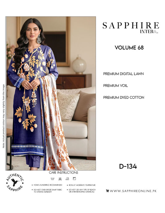 Sapphire Intermix – Volume 68 | Design D-134 Premium Unstitched 3-Piece Lawn Suit